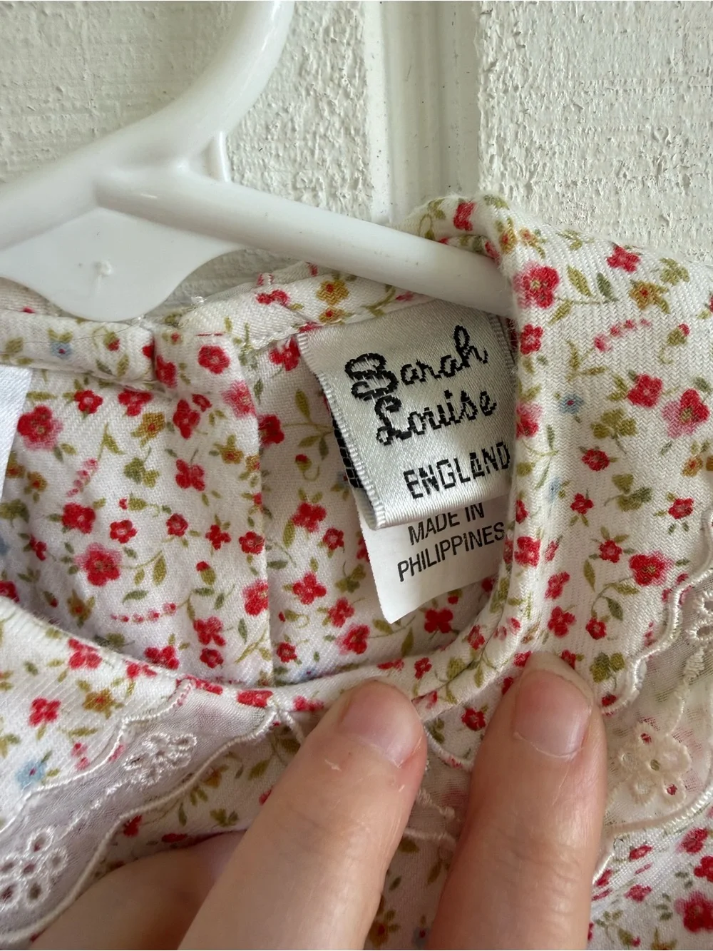 Sarah Louise England Red Floral Long Sleeve Hand Smocked Lace Collar Dress